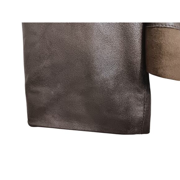 Tahari Woman 100% Leather Jacket Brown Suede Trim Open Front Pockets Boho Chic L - Picture 8 of 16